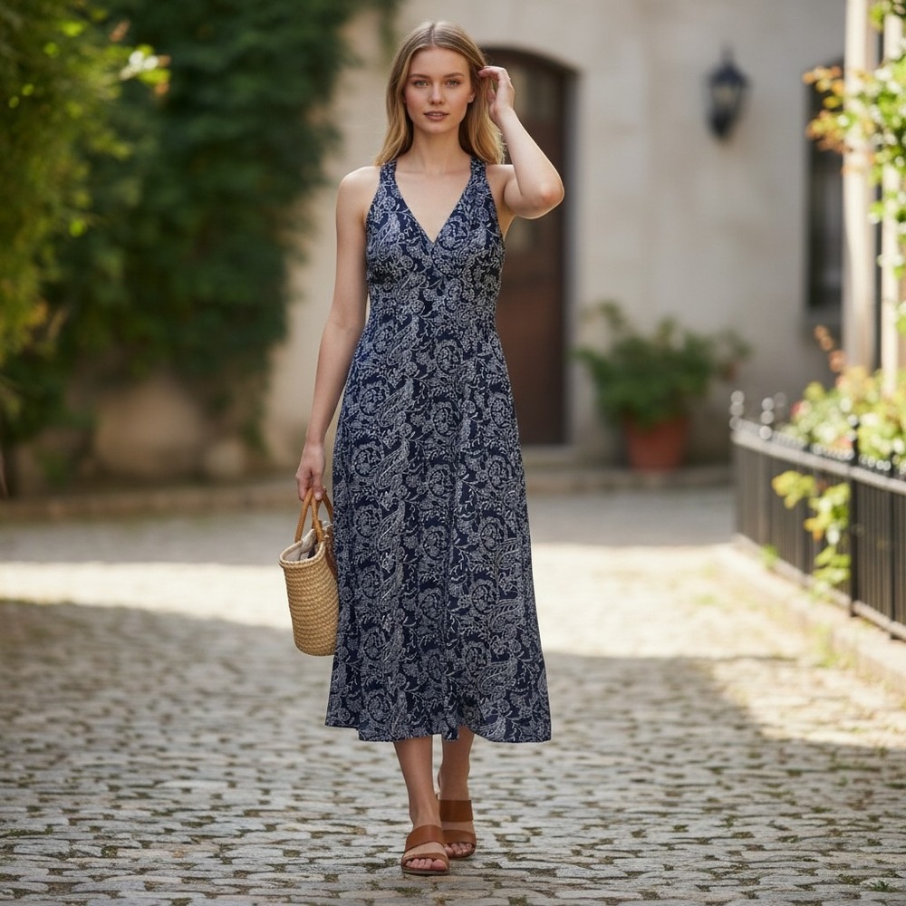 Universal Thread Navy Blue White Floral Paisley V-Neck Midi Dress Womens XS